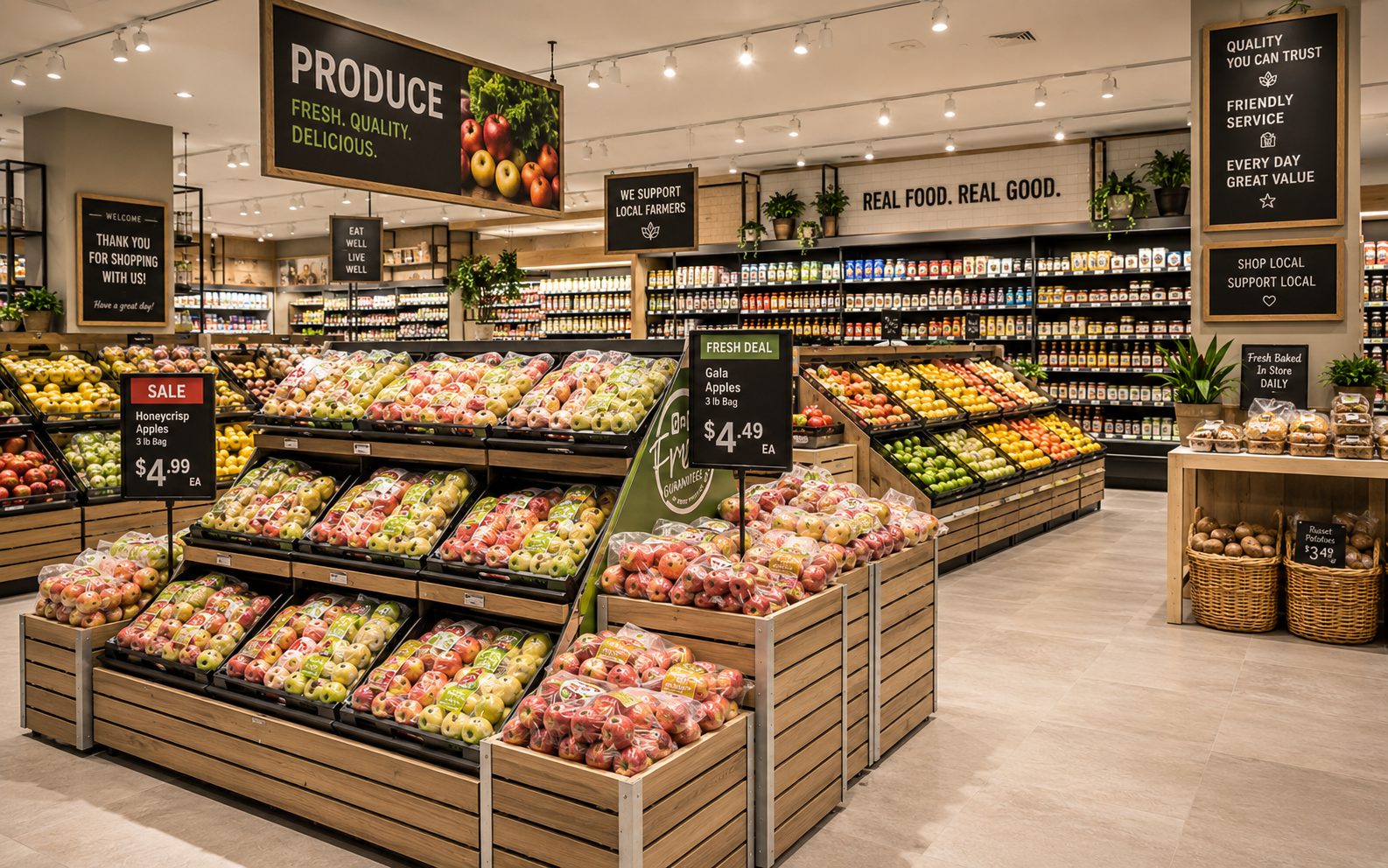 High-volume neighborhood store aisles stocked with goods